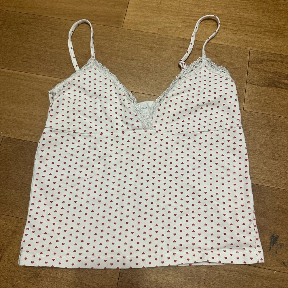 Brandy Melville White Cami with Red Heart Accents